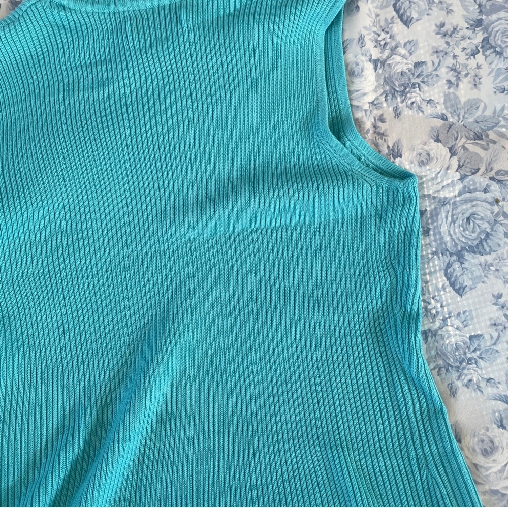 Vintage Y2K Medium Ribbed Knit Teal Turtleneck Sweater Sleeveless Dana Buchman - Picture 2 of 9